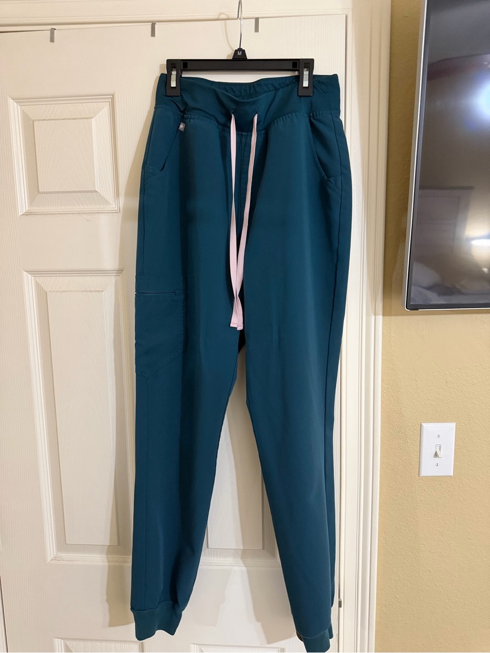Figs Teal Jogger Scrub Pants with Pink Drawstring